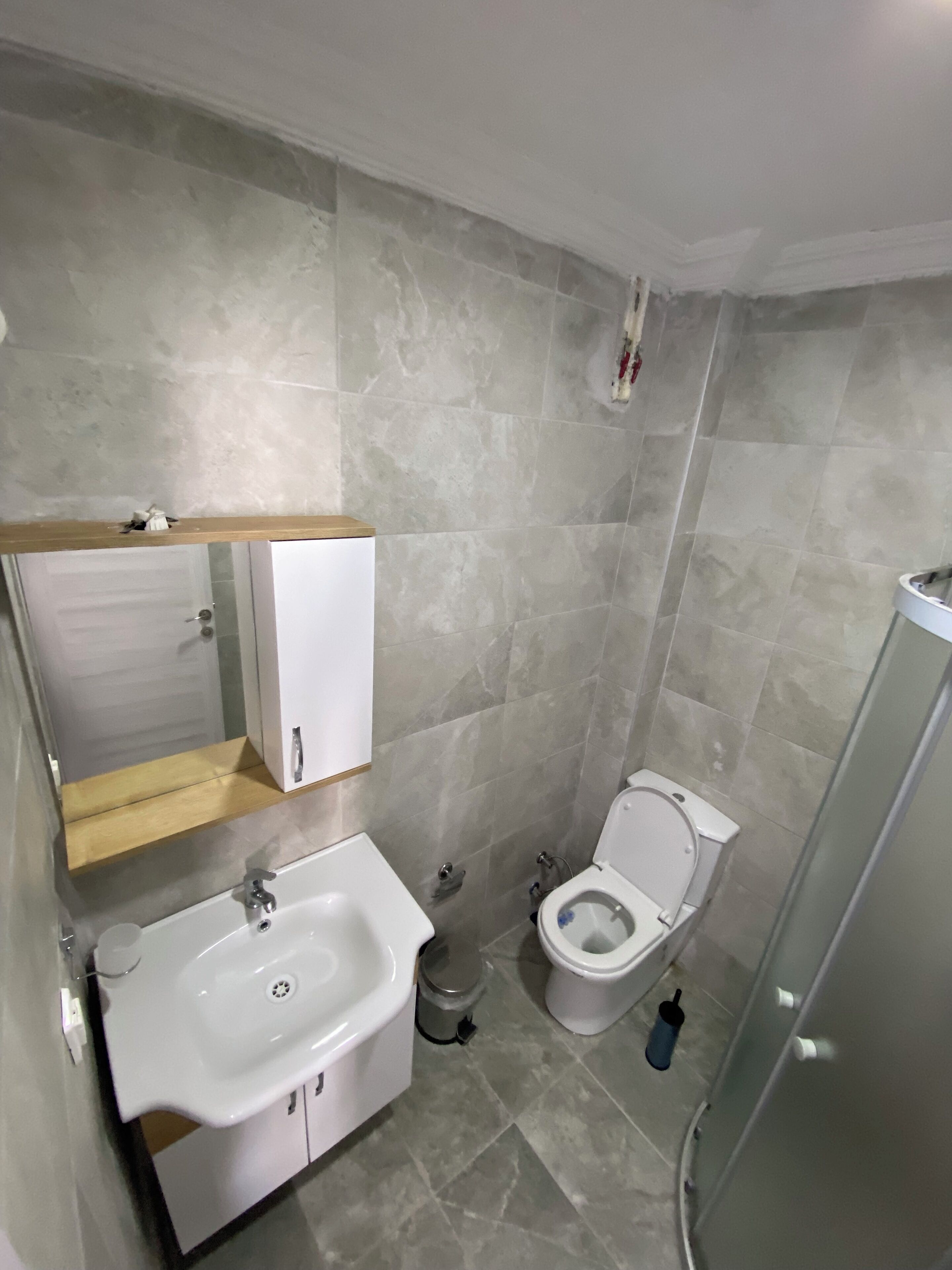 A bathroom with a sink, mirror, cabinet, toilet, and shower.