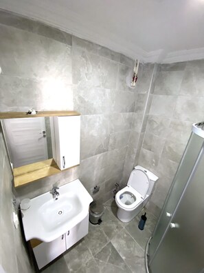 Ducha, toallas, jabón y champú