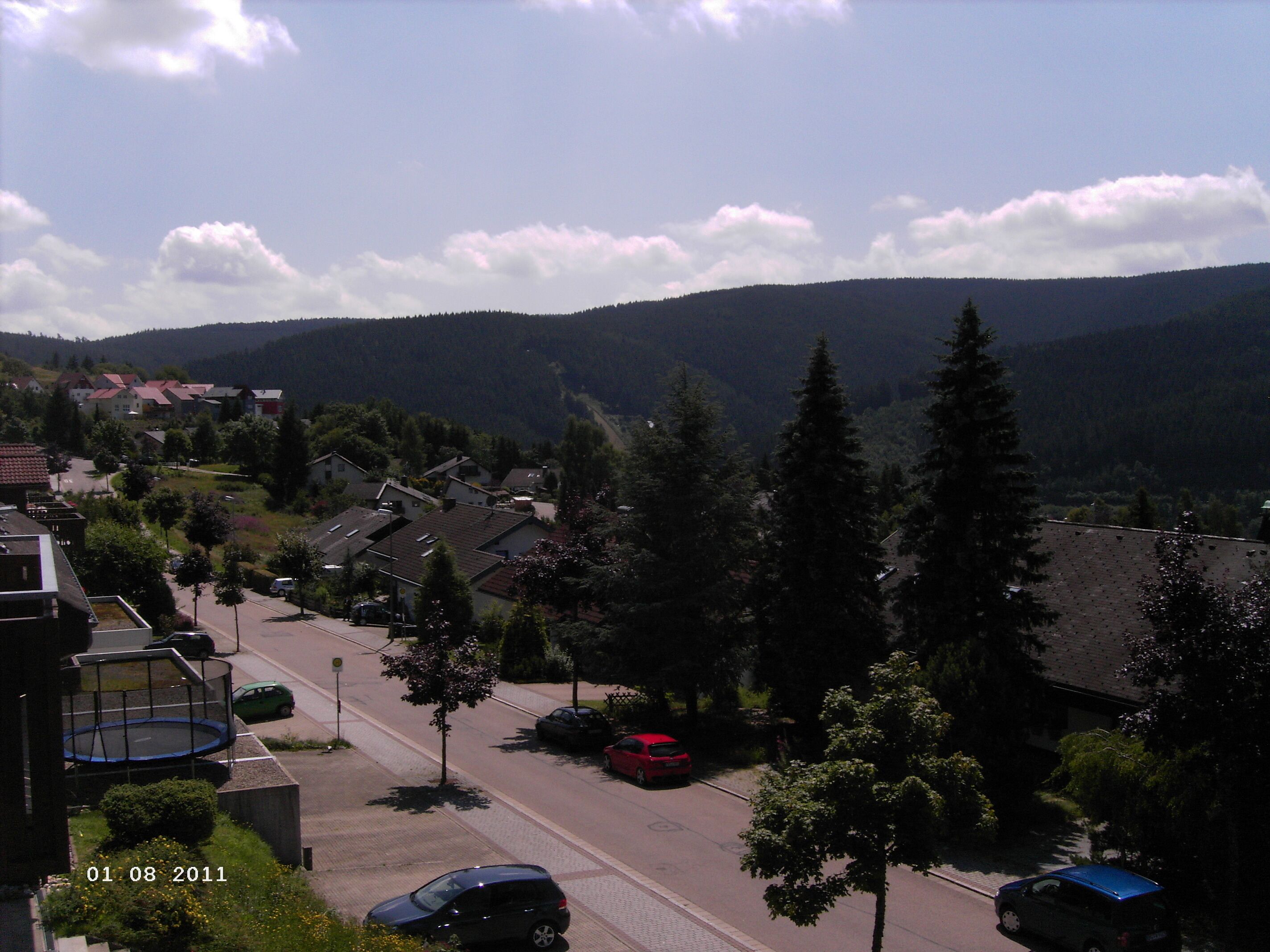 A residential street with houses, trees, and a mountain backdrop.