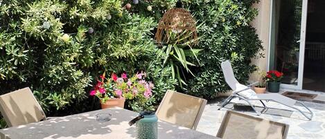 Un patio al aire libre con una mesa dispuesta para comer, rodeado de abundante vegetación y plantas en macetas.