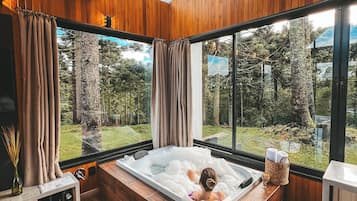 Cabana luxo, aceita animais de estimação, vista para a montanha | Área de estar | TV de tela plana