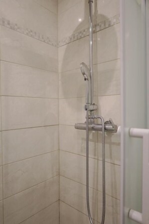 Shower, hair dryer, towels