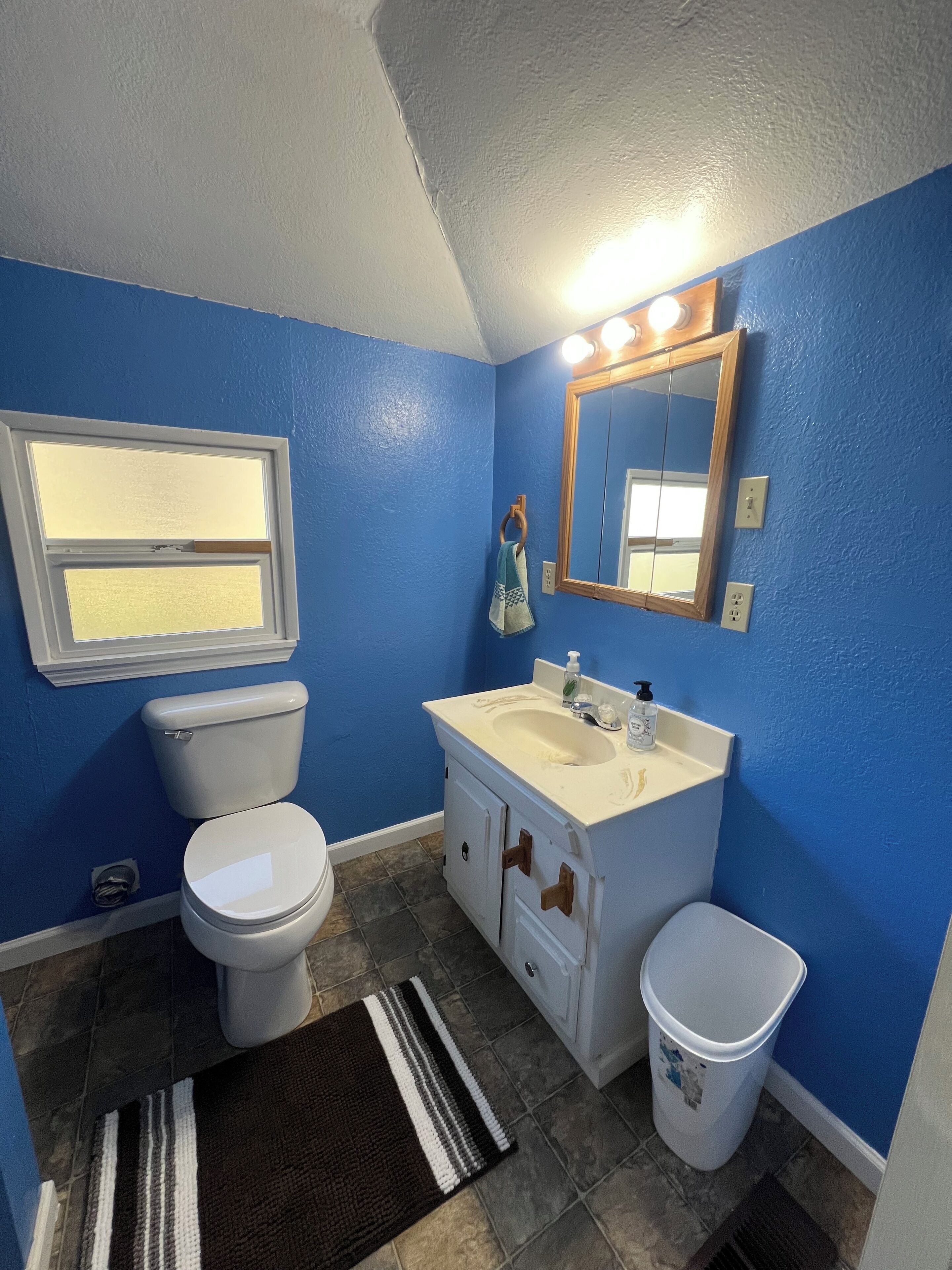 A bathroom with a toilet, sink, mirror, and a trash bin.