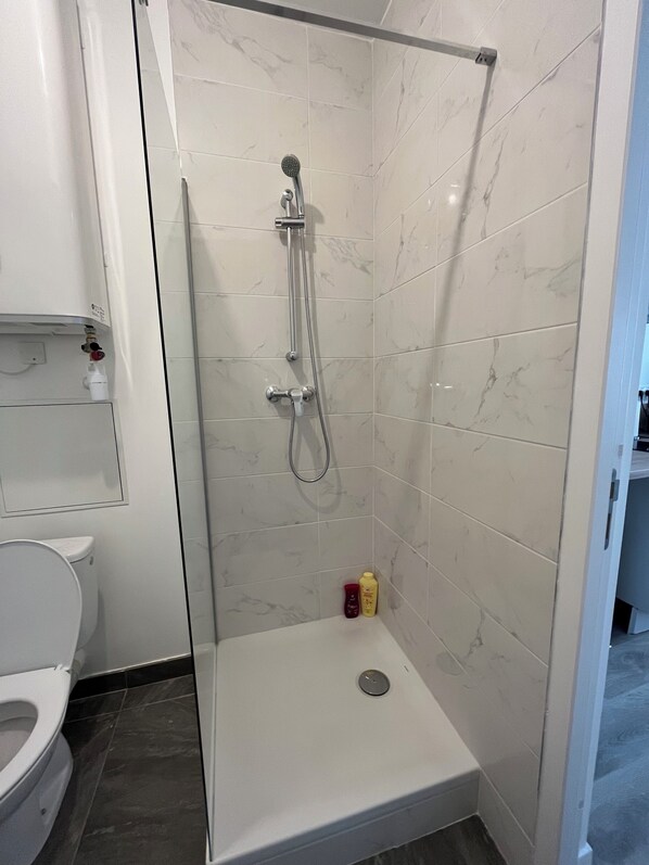 Un espacio de ducha pequeño y cerrado con puerta de vidrio, un inodoro y un lavabo.