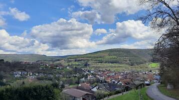A rural village with houses on a hillside, a winding road, and a clear sky.