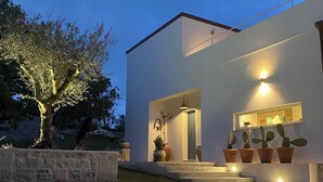 A modern house with a stone wall, a tree, and potted plants.