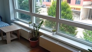 Una habitación con un gran ventanal, un radiador, un banco de madera y dos plantas en macetas.