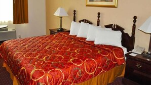 A hotel room with a large bed, a nightstand with a lamp, a painting on the wall, and a window with curtains. - Avalon Inn (Sandusky)
