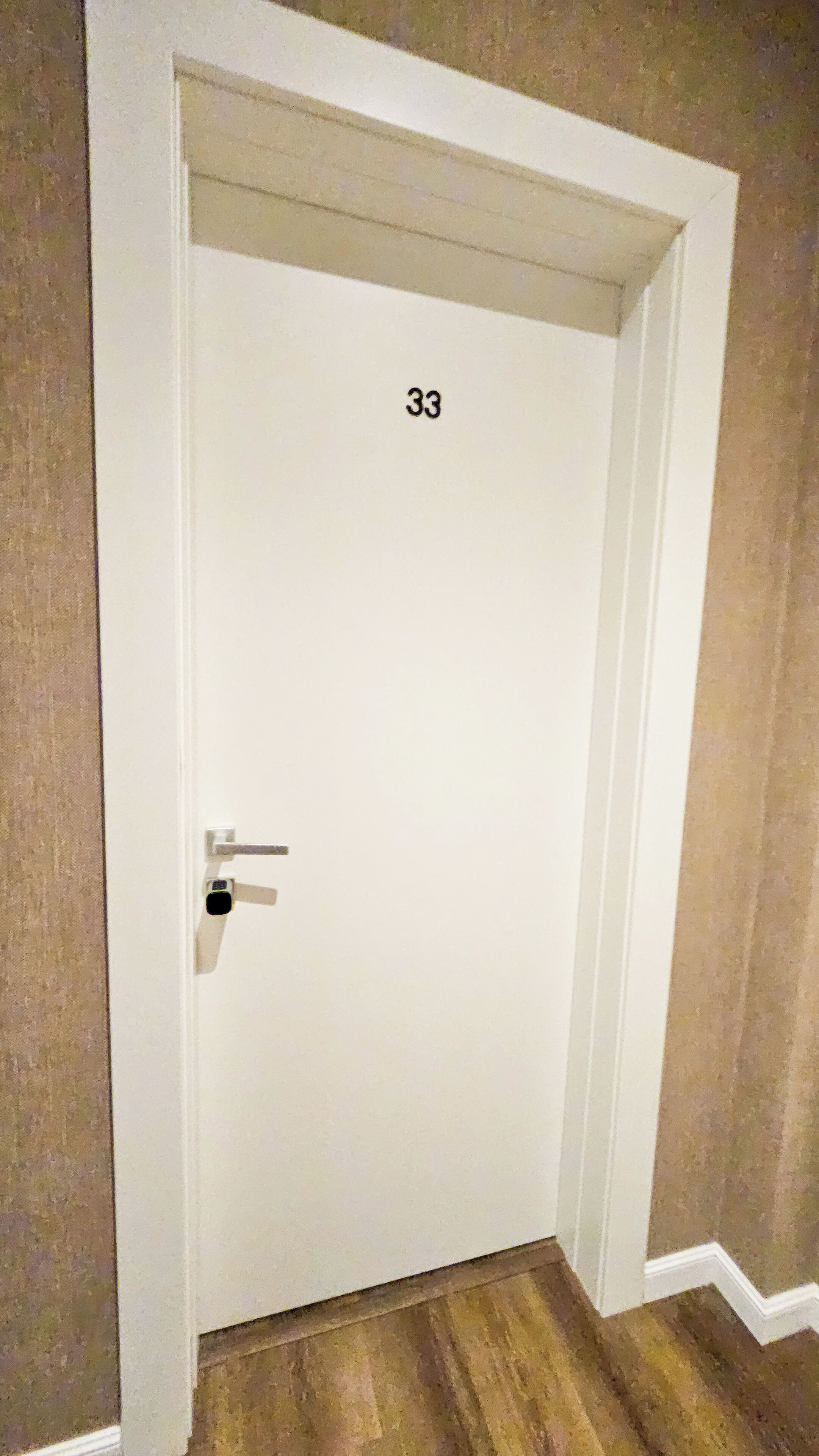 A white door with the number 33 on it, a door handle, and a small keyhole.