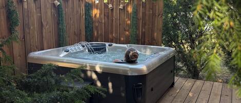 A hot tub on a wooden deck with a wooden fence and greenery in the background.