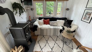 A cozy cabin interior with a black wood stove, a sofa with patterned cushions, and a large window with a view of greenery. - Tiny house with terrace, beach chair and garden near Zingst (Pruchten)