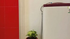 A corner of a room with a red wall, a white tiled floor, a white refrigerator, and a potted plant.