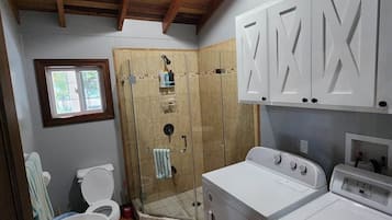 Shower, hair dryer, soap, toilet paper