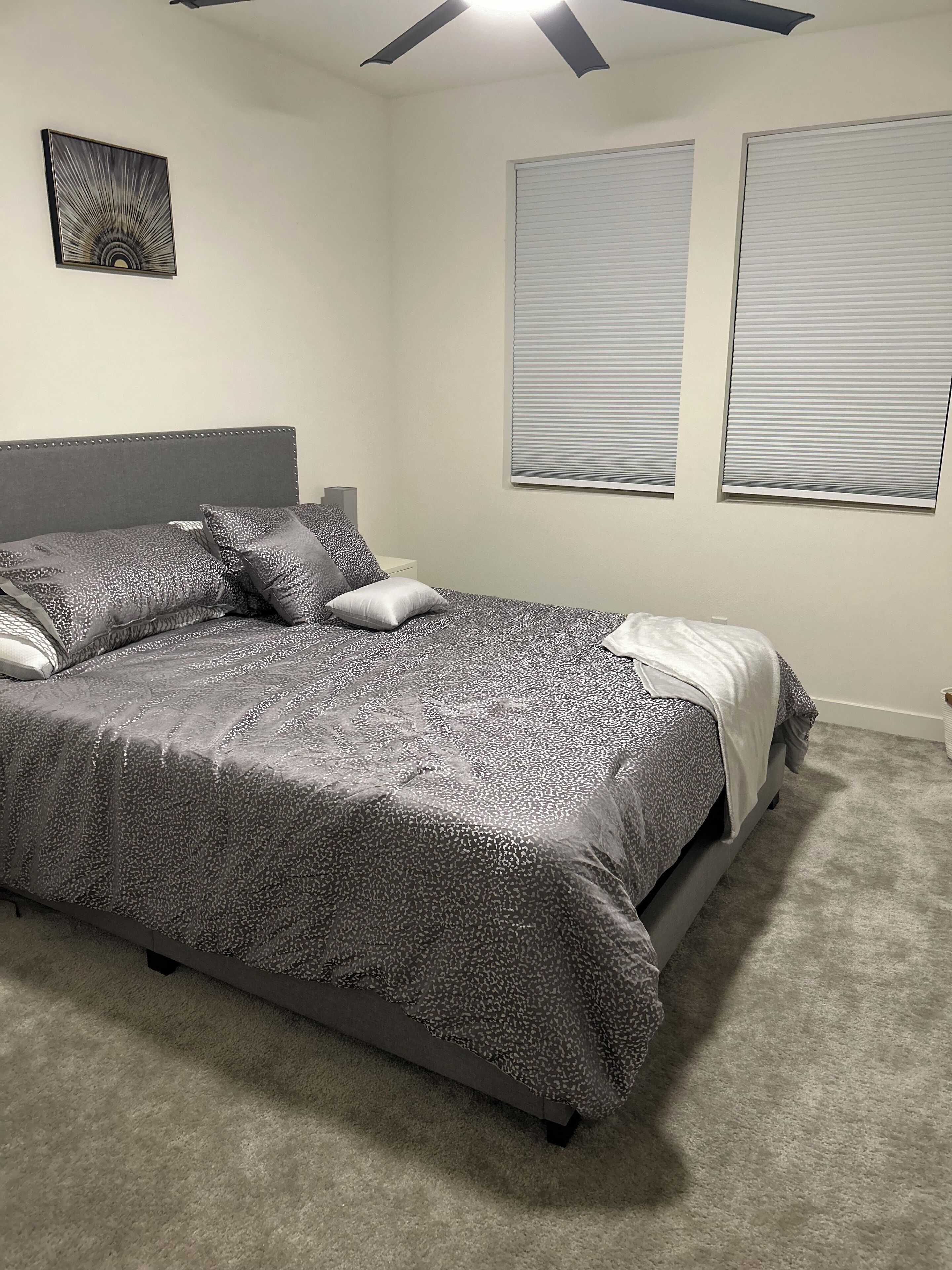 A bedroom with a large bed, a ceiling fan, and two windows with blinds.