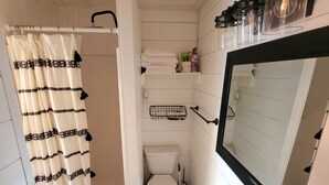 A bathroom with a shower curtain, toilet, sink, and a mirror with lights above. - Comfortable and Cozy 1-bedroom house in delightful Rapid City with AC & Wifi (Rapid City)