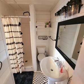 Shower, hair dryer, towels, soap