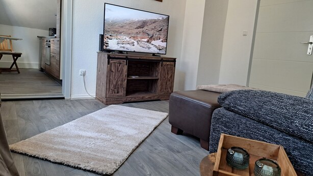Ein Wohnzimmer mit Fernseher auf einem Holzständer, einer Couch, einem Teppich und einem Holztisch mit Gläsern.