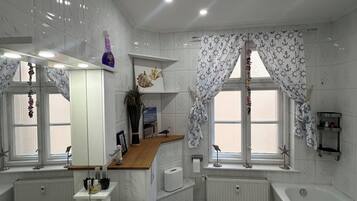 Hair dryer, towels, soap, toilet paper