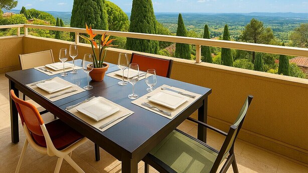 A dining table set for four with a view of the landscape.