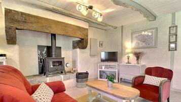 Televisión, chimenea, libros y estéreo