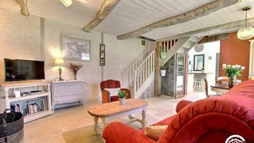 Televisión, chimenea, libros y estéreo