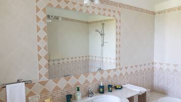 Hair dryer, bidet, towels, toilet paper