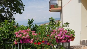 A balcony with potted flowers and a view of a body of water and buildings in the distance. - LODGE ROSA In the pearl of Cilento, cozy studio apartment, Trentova Bay. (Agropoli)