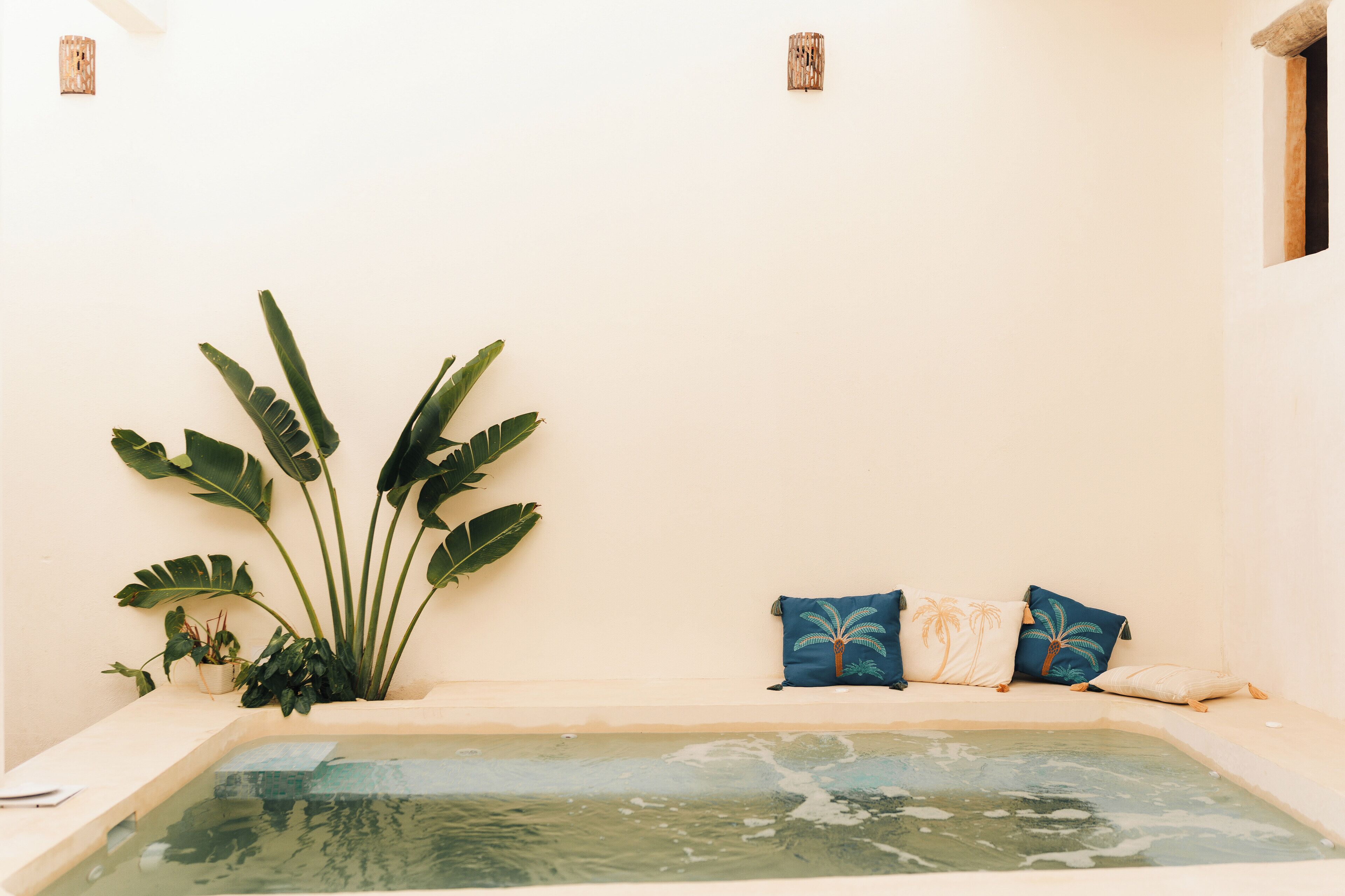 A spa area with a hot tub, large tropical plants, and a few decorative pillows.