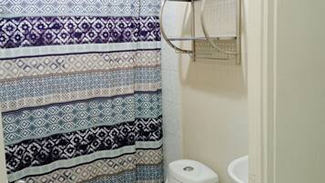 Shower, towels, soap, toilet paper