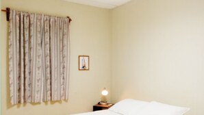 Un dormitorio con cama, una mesita de noche con lámpara, ventilador de techo y un cuadro enmarcado en la pared.