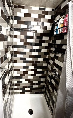 Shower, towels, soap, toilet paper
