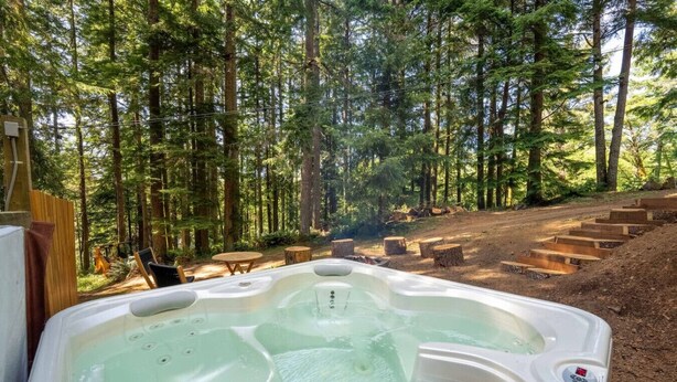 Un bain à remous situé dans une zone boisée, avec des marches en bois menant à celui-ci.