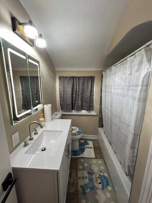 Hair dryer, towels, soap, toilet paper