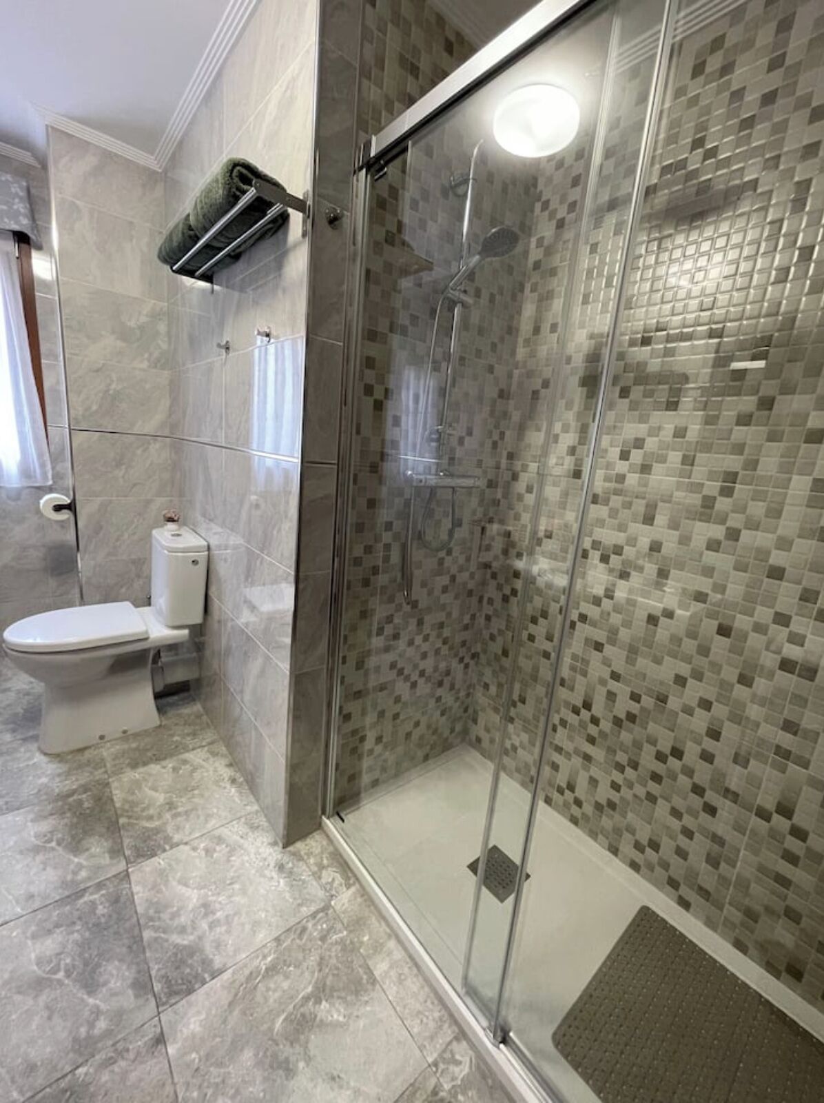 Een moderne badkamer met een douche met glazen wand, een toilet en een handdoekhouder.