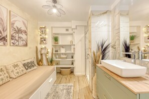 Hair dryer, towels, soap, toilet paper