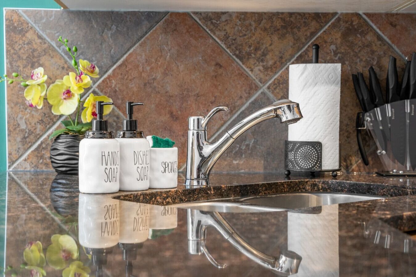 A modern bathroom with a chrome sink, soap dispensers labeled 'HAND SOAP' and 'DISH SOAP', a sponge, and a paper towel holder.