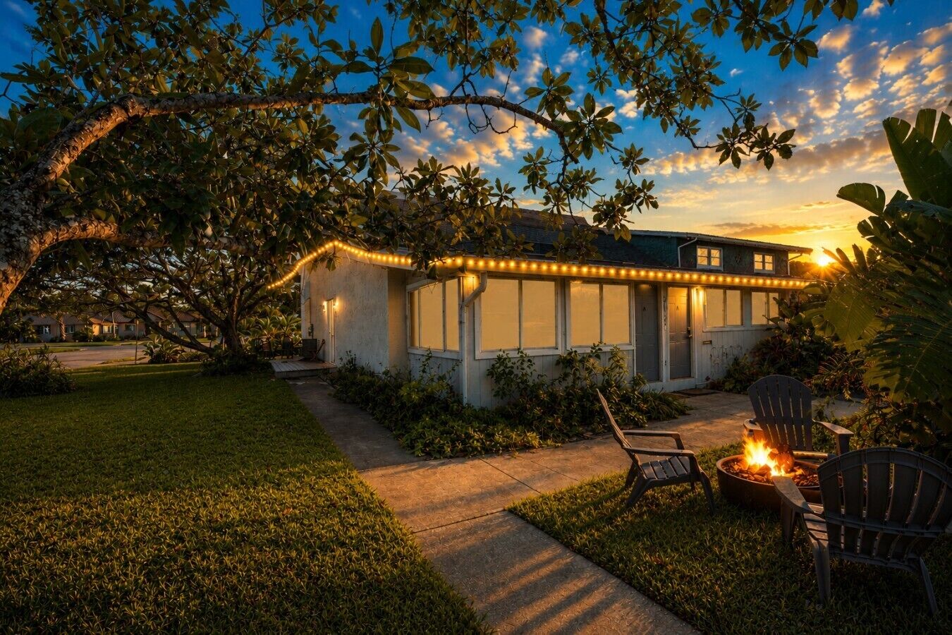 A house with a fire pit and outdoor seating, surrounded by a well-maintained lawn and trees.