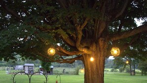 A wooden deck with wicker furniture under a large tree with hanging lights.