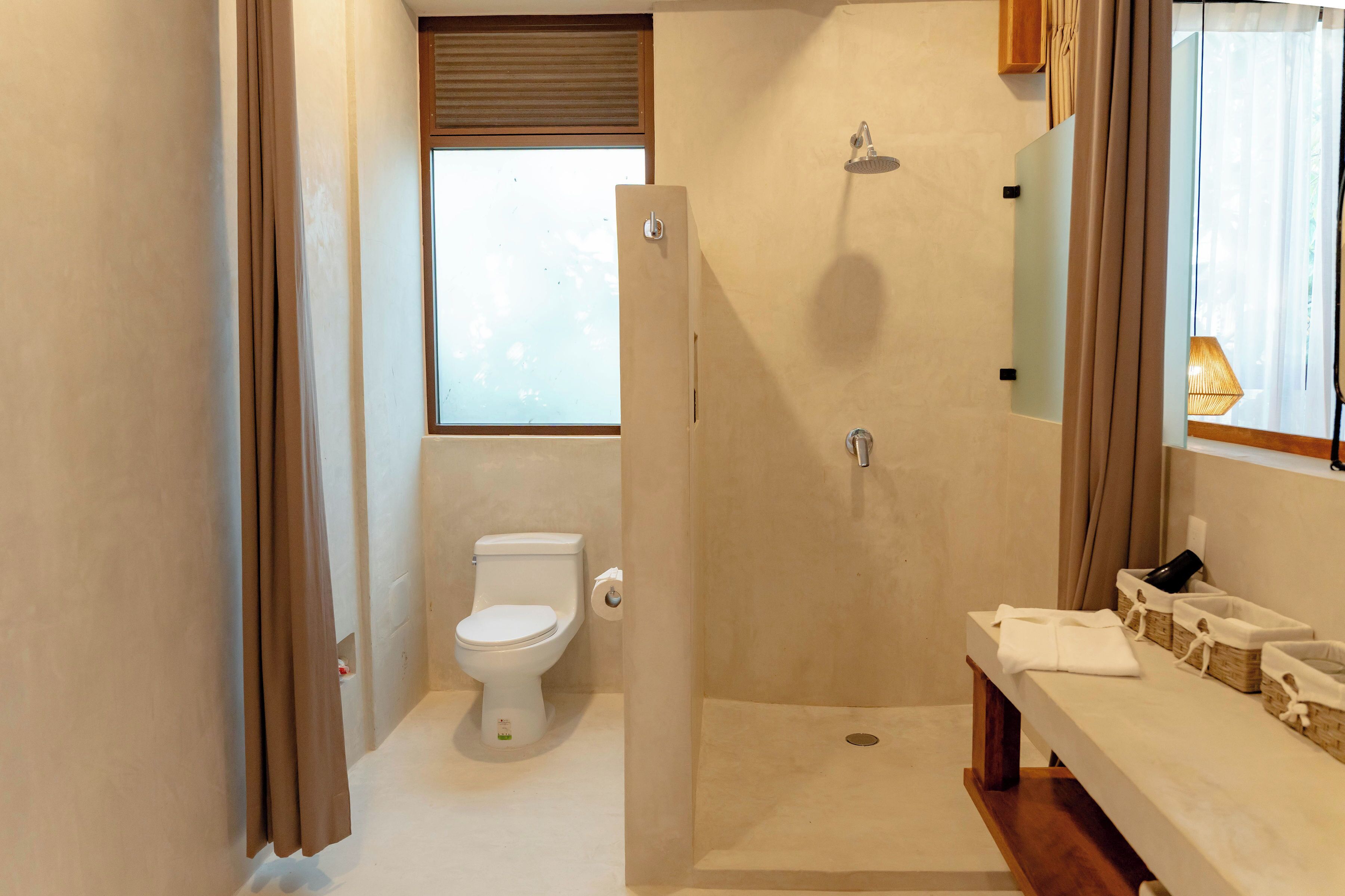 Baño con inodoro, ducha y tocador con espejo.