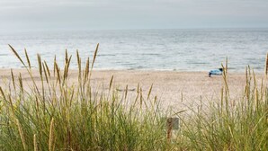 A beach with tall grass in the foreground and a calm sea in the background.