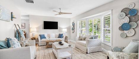 تلفزيون ذكي، مدفأة، كُتُب، ستيريو