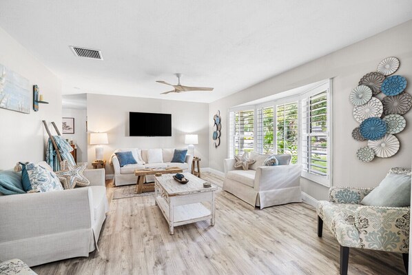 TV connectée, cheminée, livres, chaîne hi-fi