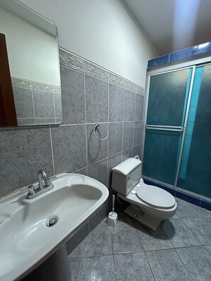 Shower, hair dryer, towels, toilet paper