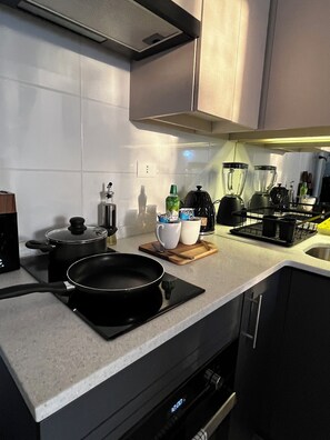 Fridge, microwave, oven, electric kettle