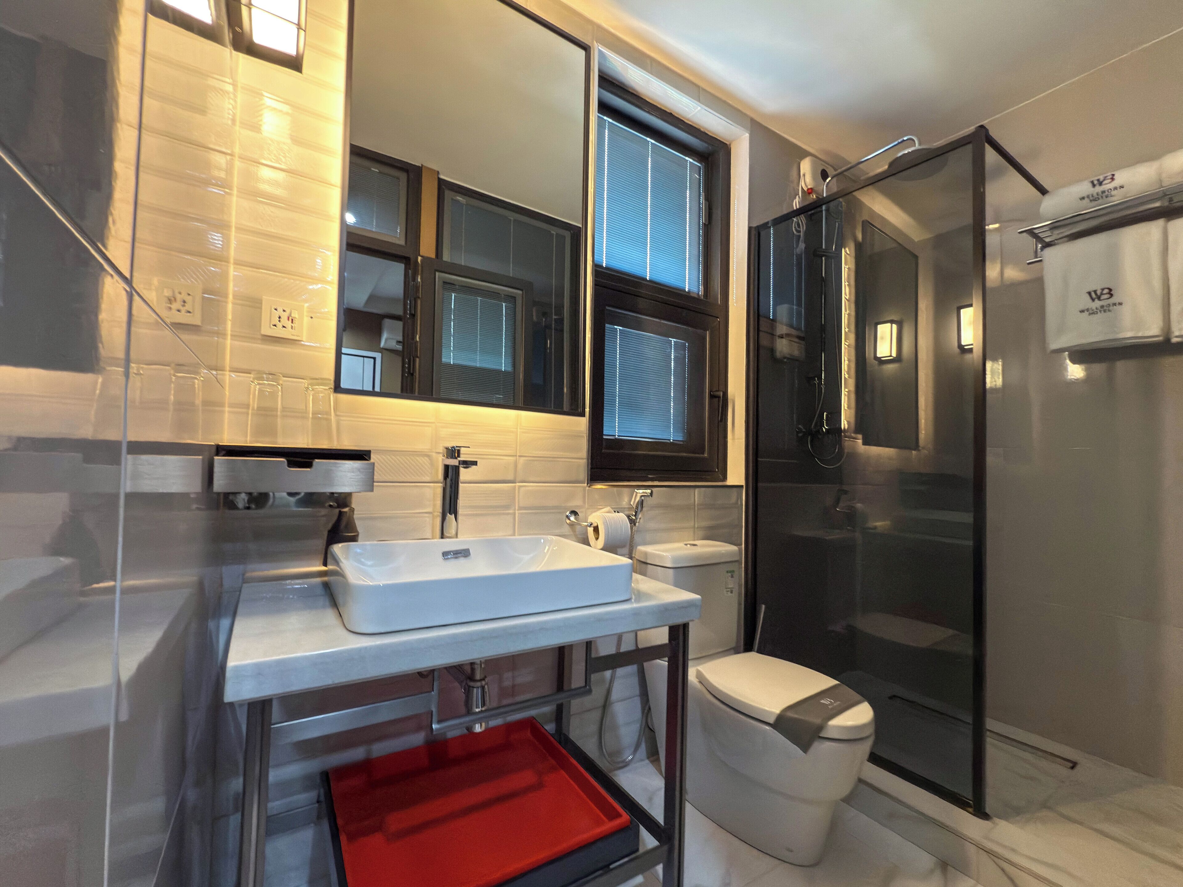 A modern bathroom with a white sink, a glass shower enclosure, and a toilet with a towel rack above it.