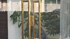 Une entrée moderne, avec une porte en verre, un portail en métal et une sculpture décorative.