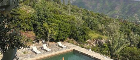 A swimming pool with lounge chairs, surrounded by greenery and hills.