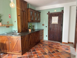A kitchen with wooden cabinets, a sink, and a potted plant.