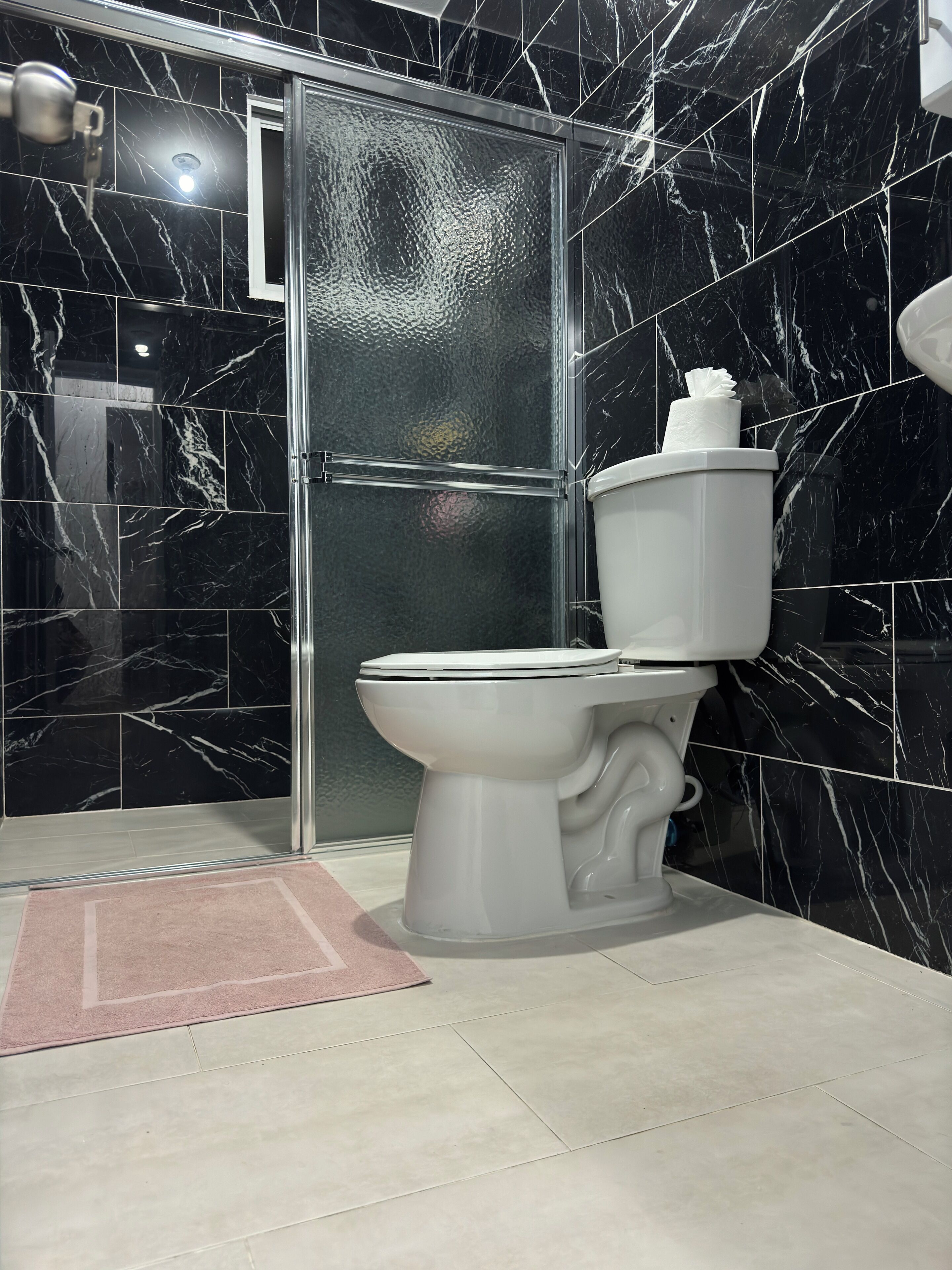 Douche, serviettes fournies, savon, papier toilette