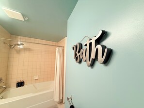 Hair dryer, towels, soap, shampoo